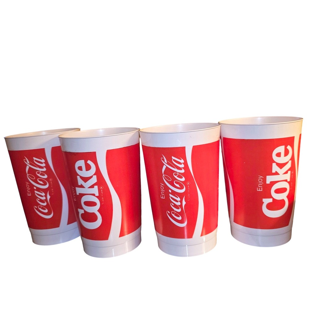 Vintage Coca Cola Coke Cups Set of 4 Plastic‎ Tumbler 32oz Red White   Nostalgic